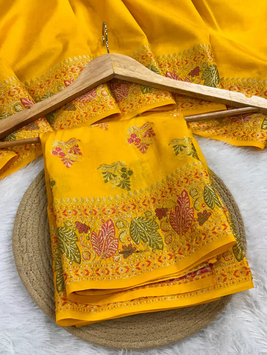 Bright Yellow Warm Silk Tilfi Meenakari Weave Banarasi Saree