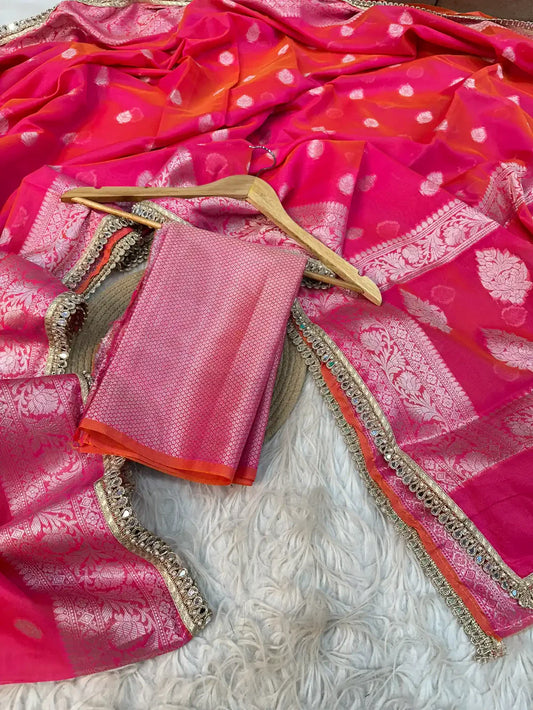 Subtle Preety Pink Traditional Softsilk Lace Work Banarasi Saree